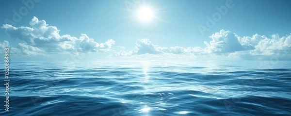 Fototapeta Abstract landscape background idea. A serene ocean scene with sunlight reflecting off the calm blue water and fluffy clouds.