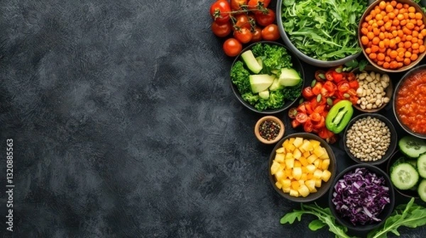 Obraz Assortment of diverse fresh vegetables and fruits including tomatoes peppers corn beans greens and herbs arranged on a dark background with ample copyspace for text or design overlay