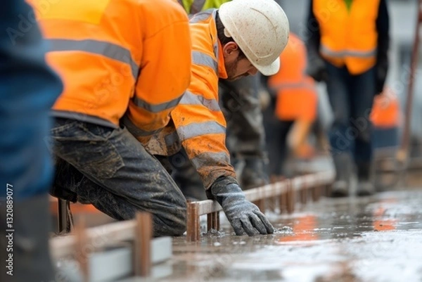 Fototapeta A group of laborers is working diligently on freshly poured concrete, showcasing the hard work and collaboration required in the construction industry.