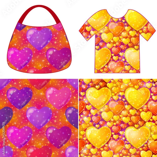 Fototapeta Set of Valentine Holiday Seamless Backgrounds, Colorful Tile Patterns with Hearts, Sparks, Confetti and Examples in Form of Shirt and Ladies Handbag. Eps10, Contains Transparencies. Vector