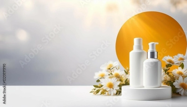 Fototapeta white cosmetic bottles on a pedestal on white background and the sun with flowers banner concept template for advertising cosmetics and body and face care mok up with copyspace