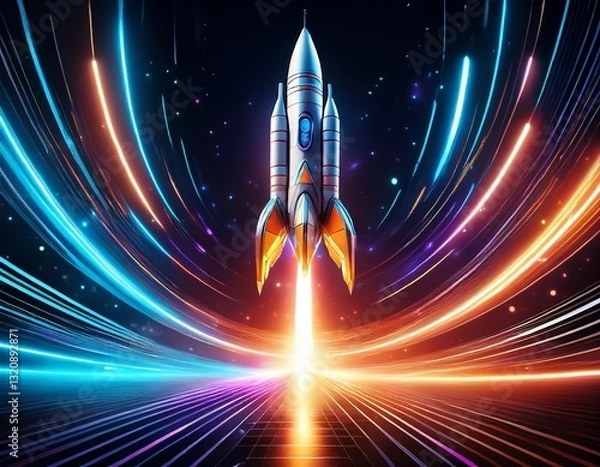Fototapeta a futuristic rocket ascends through a glowing digital vortex symbolizing advanced space exploration and technology