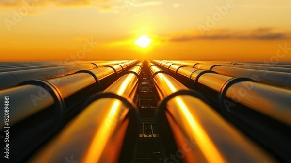 Fototapeta Industrial pipelines extending into the horizon at sunset with warm golden light reflecting on metallic surfaces