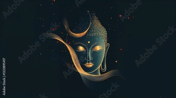 Fototapeta Horizontal Banner A contemporary, abstract minimalist depiction of Buddha’s face using soft golden lines.