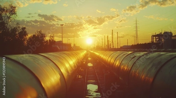 Fototapeta Industrial pipelines reflecting golden light at sunset with clouds and horizon in a serene landscape