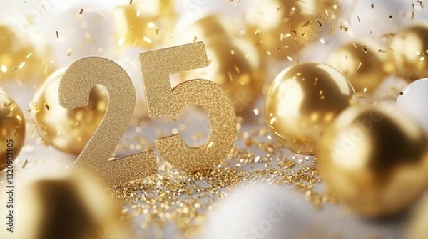 Fototapeta Happy 25th Birthday Celebration. Gold Party Decoration with Number 25 in 3D Rendering