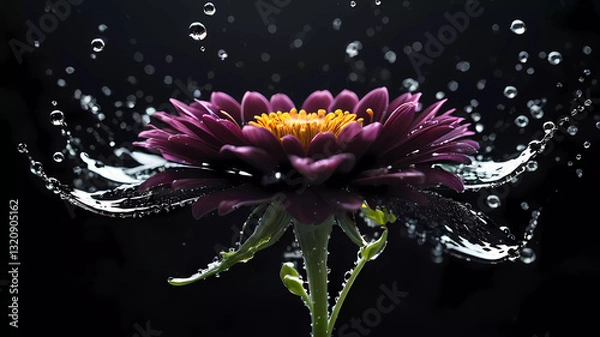 Obraz In an enchanting display of nature's beauty, a vibrant purple flower bursts forth from a serene black background, its petals unfurling gracefully to reveal a heart of golden stamens. Water droplets ca
