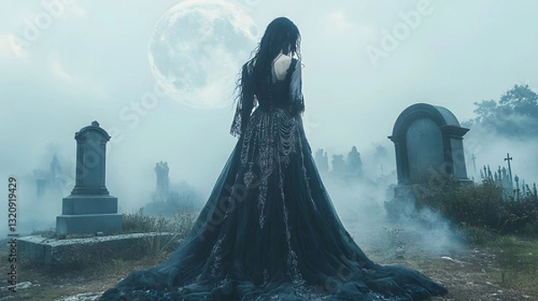Fototapeta A striking photography of a gothic fashionista wearing a floor-length velvet dress adorned with silver chains and intricate embroidery, standing in front of a misty, moonlit cemetery.