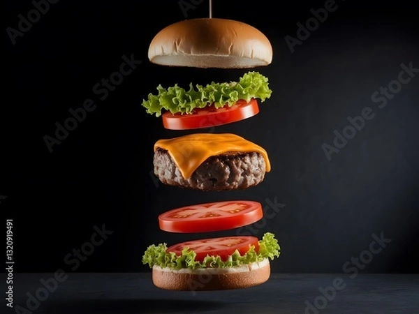 Fototapeta A deconstructed burger where ingredients are suspended in mid-air, defying gravity, with cinematic lighting on a deep black backdrop.