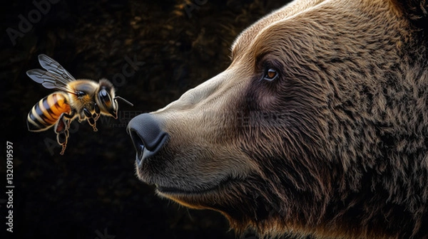 Fototapeta The confrontation between the two species often results in a fierce battle,  Bears and bees in the forest are enemies.