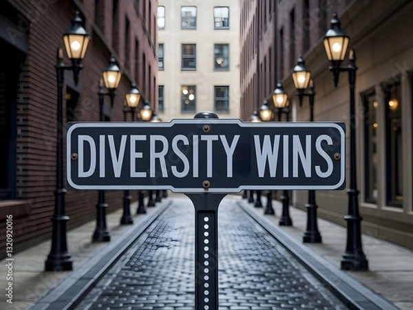 Obraz A distressed black street sign with Diversity Wins in bold white letters, standing on a cobblestone alleyway lit by vintage lanterns