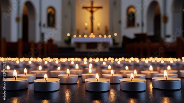 Fototapeta A serene view of candles lit in a church, symbolizing peace and reflection.