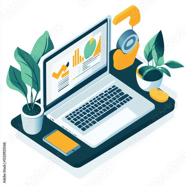 Fototapeta The table is beautifully decorated with potted plants, adding a touch of nature to the workspace.  