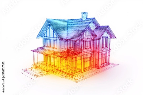 Obraz A transparent wireframe house model with a thermal gradient effect transitioning from blue to red symbolizing temperature distribution and energy flow

