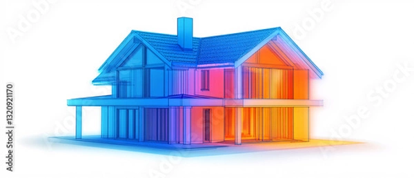Fototapeta A modern house illustration with a thermal gradient effect transitioning from blue to red representing temperature variations and energy efficiency

