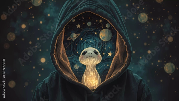 Fototapeta Veiled in a deep, dark hood, a mystical figure draws the eye with a mesmerizing void revealing a swirling cosmos that seems to emanate from within. The backdrop features a rich teal and black palette,