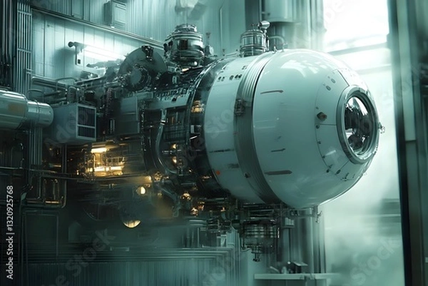 Obraz Futuristic underwater exploration vehicle in a high-tech facility with ambient lighting and machinery