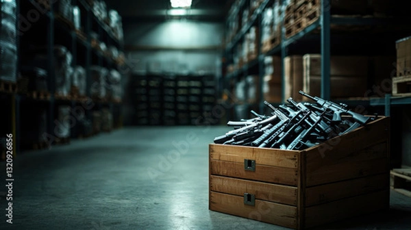 Fototapeta A wooden crate filled with firearms in a dimly lit storage facility.