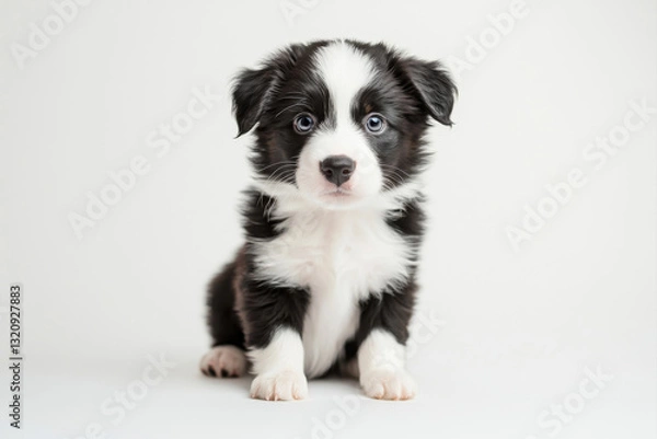 Fototapeta Adorable border collie puppy with black and white fur, capturing innocence and playfulness. isolated on white background.