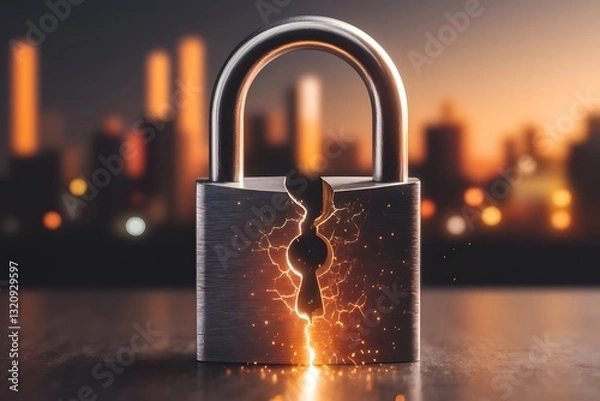 Fototapeta A metallic padlock with a visible fracture, with tiny sparks of electricity escaping from the crack, symbolizing a cyberattack in progress.