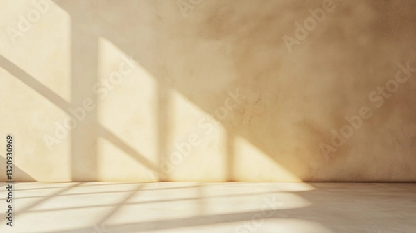 Obraz Warm sunlit interior with textured wall and shadows for branding, presentations, and design backgrounds. Copy space