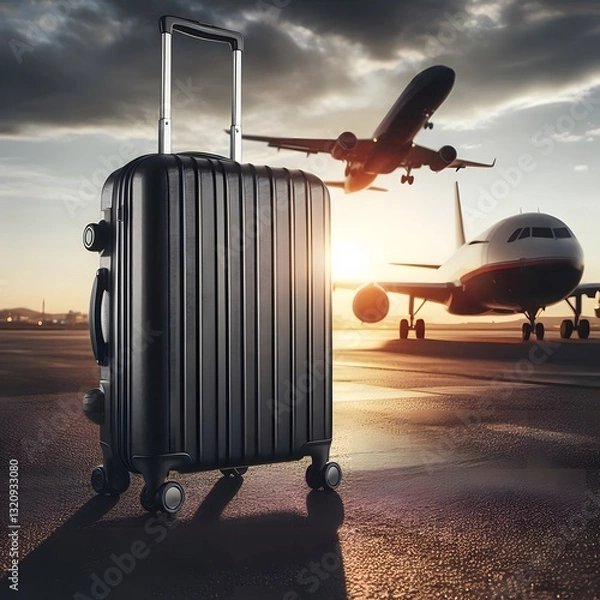 Fototapeta A sleek black travel suitcase displayed on the tarmac, with a large airplane in the background, perfect for product photography 