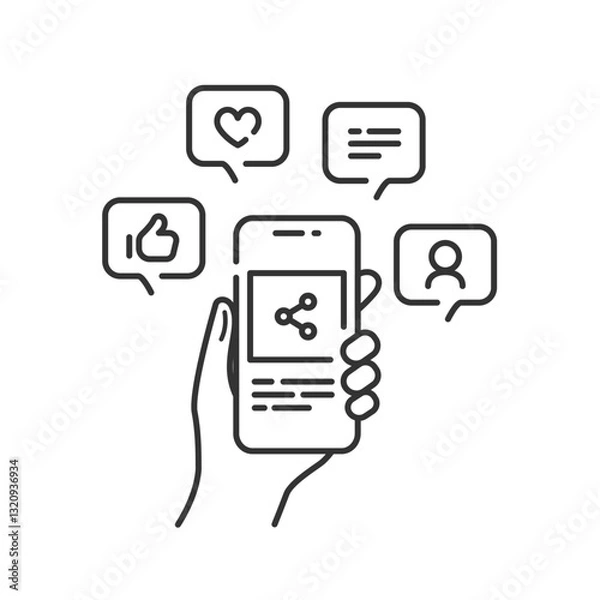 Obraz 手に持ったスマホとSNSの反応ベクターアイコン(線画・白黒)