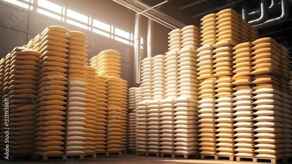 Fototapeta A warehouse filled with stacked bags of corn or rice, organized for efficient storage in a facility.