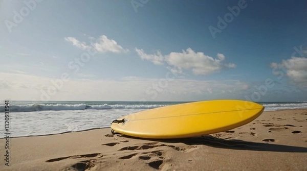 Obraz Surfboard resting on sandy beach with gentle waves under a bright sky during late afternoon