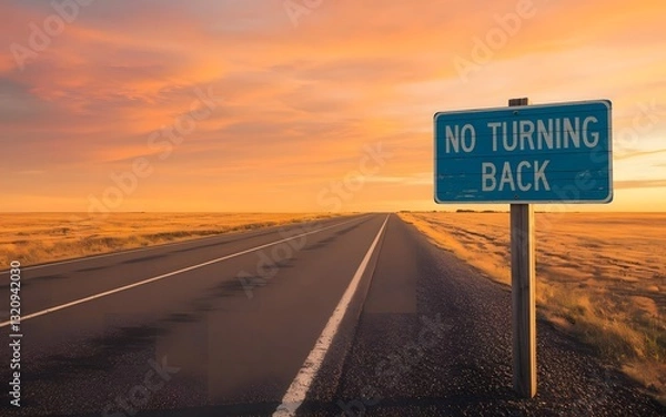 Fototapeta An isolated road under a vast sky, with a sign that reads, No Turning Back, capturing the feeling of an uncertain journey. 