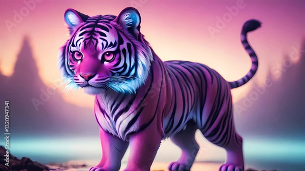 Obraz Bathed in the warm hues of a pink and purple sunset, a whimsical cartoon tiger stands proudly on a rock, its vibrant fur catching the last light of day. This adorable creature, adorned with soft, fluf
