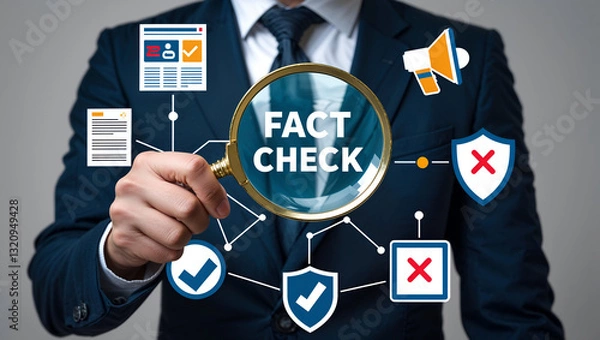 Fototapeta Man using magnifier and virtual touch screen sees inscription: FACT CHECK. Concept of thorough fact-checking or easy compare evidence. Fact check, journalist investigation,