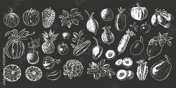 Fototapeta Chalk drawing of various fruits and vegetables on a blackboard background.