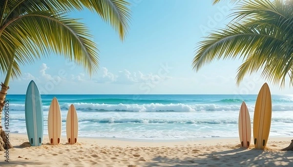 Fototapeta Surfboards Standing on Sandy Beach with Palm Trees and Ocean Waves