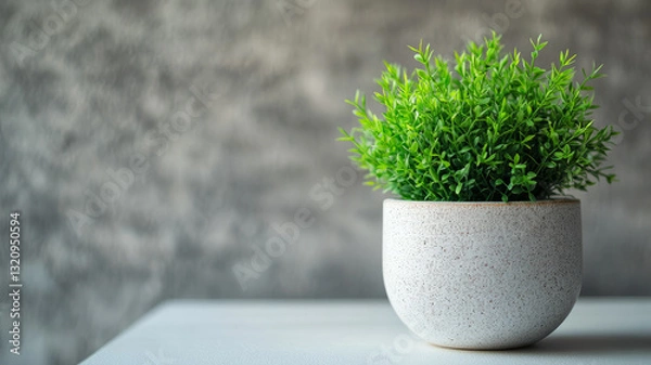 Fototapeta A potted plant on a white table with a textured gray background.