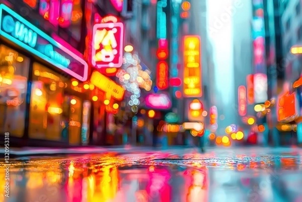 Fototapeta A mesmerizing abstract view of a vibrant city street at night, showcasing neon lights reflecting in puddles, creating a colorful and dreamy urban landscape.