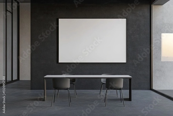 Fototapeta Modern, minimalist dining area with large blank canvas