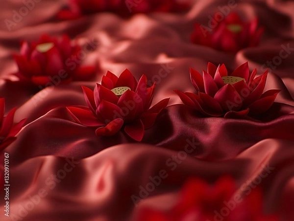 Obraz Crimson Lotus Dreams: Floral Serenity on Silken Waves, a Study in Texture and Tone