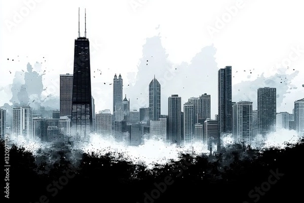 Fototapeta A stark black and white silhouette of the Chicago skyline, rendered in the ethereal beauty of watercolor washes that hint at the city's vibrant heart. 