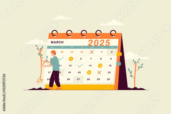 Fototapeta Vector illustration of March 2025 calendar against the backdrop of spring atmosphere and a man planting young trees. Monthly calendar. Desk yearly calendar with a dividing grid and space for notes