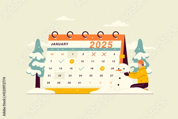 Fototapeta Vector illustration of January 2025 calendar with winter atmosphere in the form of snow-covered trees and a snowman made by a boy. Desk yearly calendar with a divider grid and space for notes