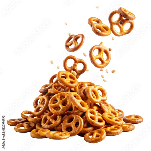 Obraz Falling Salted Pretzels Isolated on White Background
