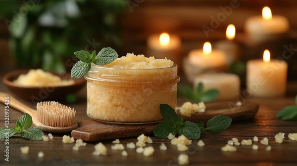 Fototapeta Sugar Scrub and Mint with Candlelit Spa Ambiance on Wooden Surface. Exfoliation