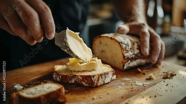 Obraz Organic butter being spread onto a slice of sourdough bread. A depiction of carbohydrates and fats