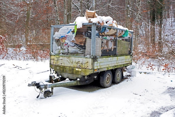 Obraz environmental pollution, old car trailer full of garbage, parked in nature