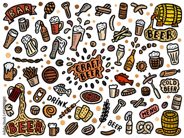 Fototapeta set of hand drawn beer doodles