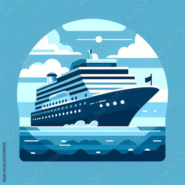 Fototapeta Flat vector illustration of a luxury cruise ship on the ocean, simple and clean geometric design, blue and white colors.