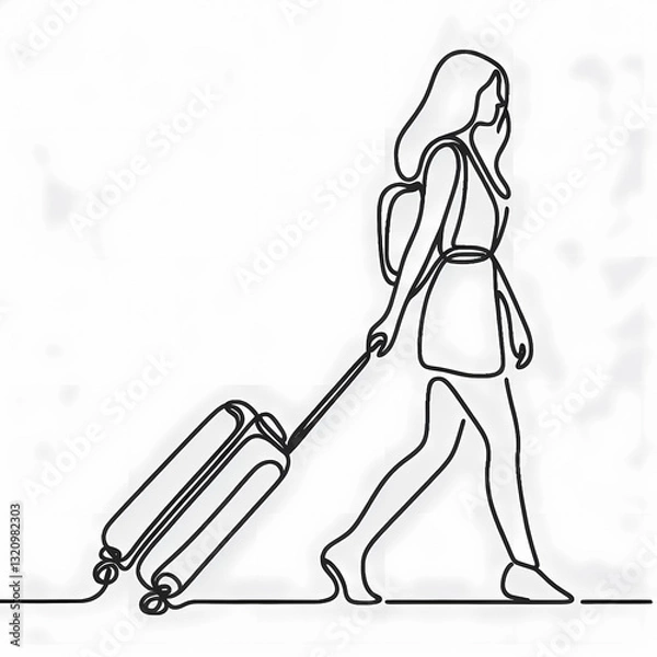 Fototapeta Continuous one-line drawing of a person pulling a suitcase, smooth and abstract lines forming a simple travel representation.