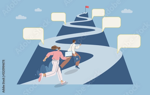 Fototapeta  Project timeline, Roadmap, Businessman runs up steep road with a red flag at his destination, Project planning development timeline in business, Important route map with action plan.
