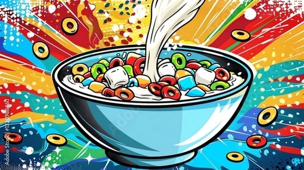 Fototapeta A bowl of cereal with milk being poured into it, on a colorful background.